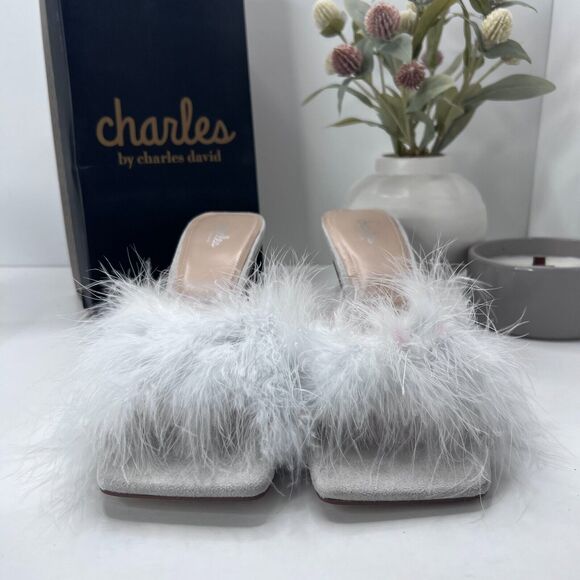 Charles by Charles David Pazazz Feathers Slide Square Toe Women 12M Tried OnFlaw - Picture 2 of 12